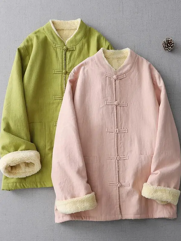

Chinese Style Cotton Jacket Large Size Fashionable Button Loose Inner Thick Warm Outerwear for Women Artistic Commute Style