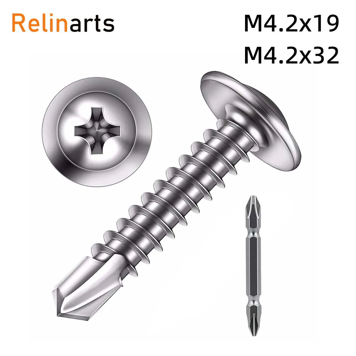M4.2 Stainless Steel Wafer Flange Head Self Drilling Screws Kit with 65mm Phillips Screwdriver Bit for Metal Sheet Roof Repair