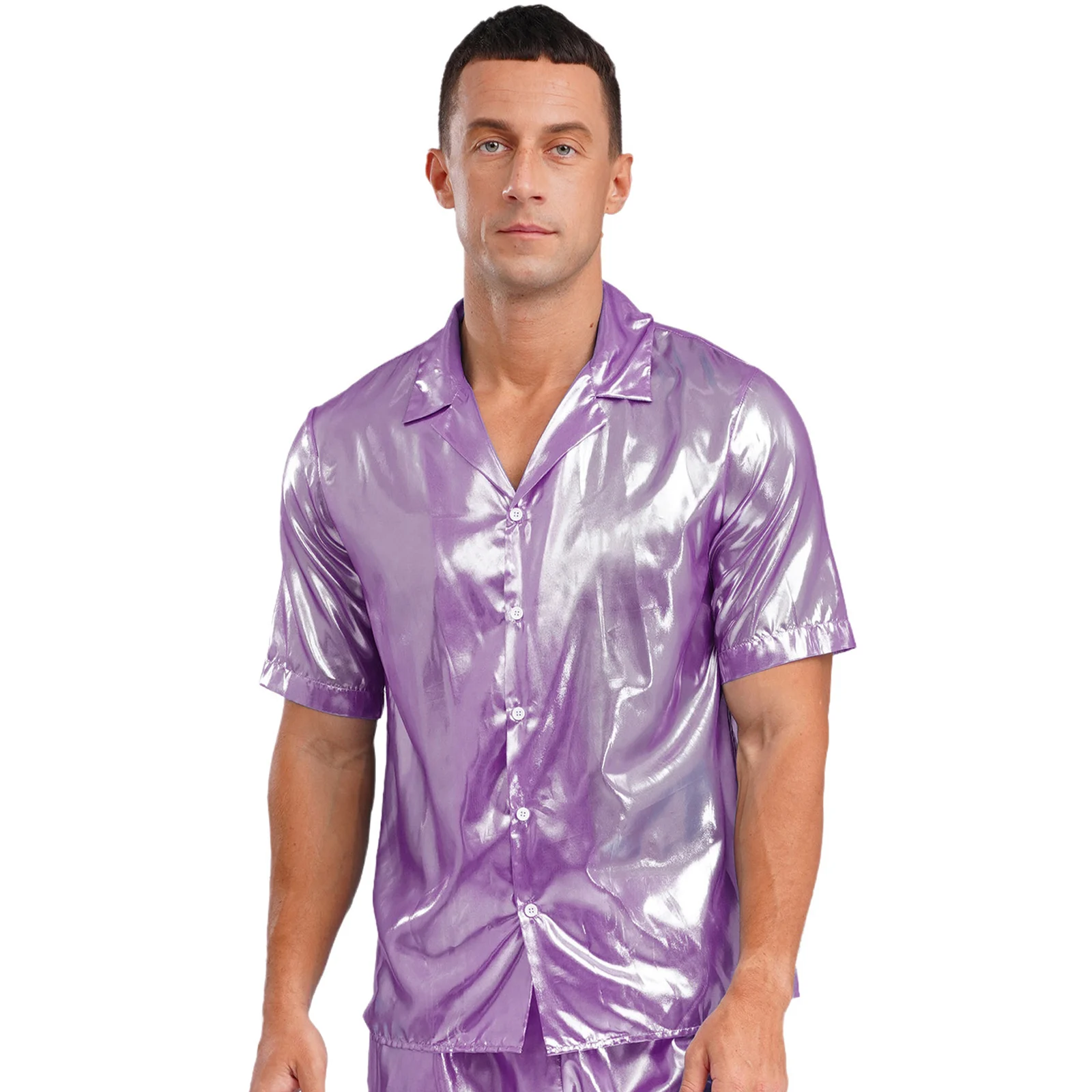 Camicie da uomo Camicette Rave Top a maniche corte lucido Camicia da clubwear per feste Camicie abbottonate con scapole d'acqua Costume da discoteca da spiaggia
