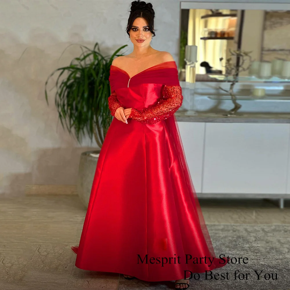 

Red Evening Dress Arabian Prom Dresses V Neck Long Sleeves A Line Satin Saudi Arab Formal Occasion Gown for Dancing Party