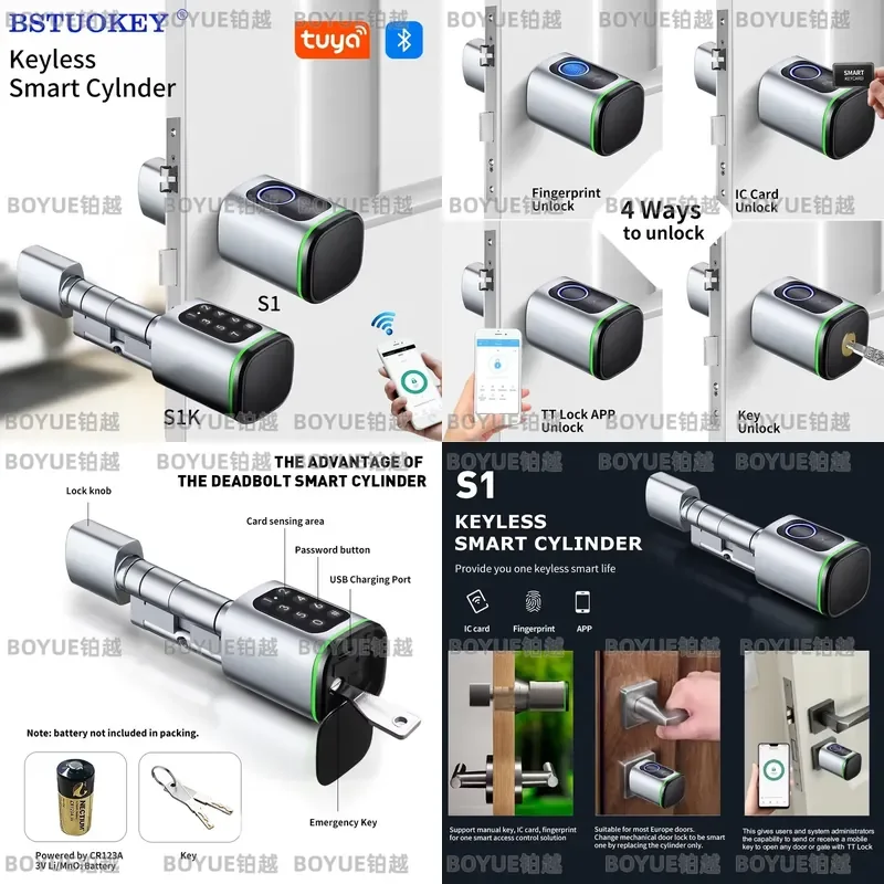 Tuya BLE Smart Lock Cylinder Keyless Entry Fingerprint PIN Code Mechanical Key USB Emergency Power Support M1 Gateway