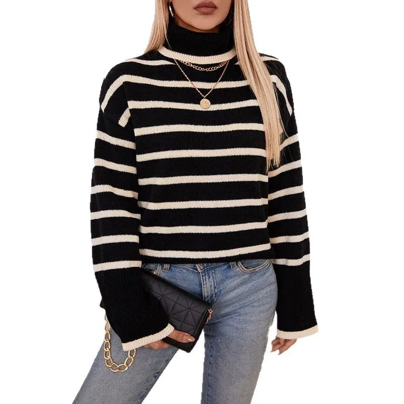 Striped Pullover Sweater Loose Fit American and European Style with Medium Weight Heat Set Finish Long Sleeve Women Sweater