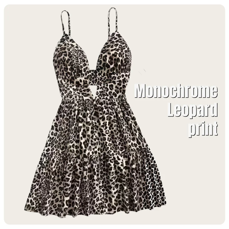 Weiches Damenkleid im französischen Resort-Stil aus Kunstseide mit tiefem V-Ausschnitt, Brustpolstern, rückenfreiem Leopardenmuster und dünnen Trägern. – Detail 8