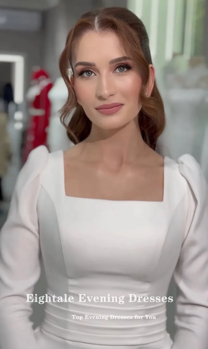 

Eightale Arabic Wedding Dress Strapless Customized Ivory Satin Long Sleeves Muslim Bridal Gown Mermaid Bride Party Dress