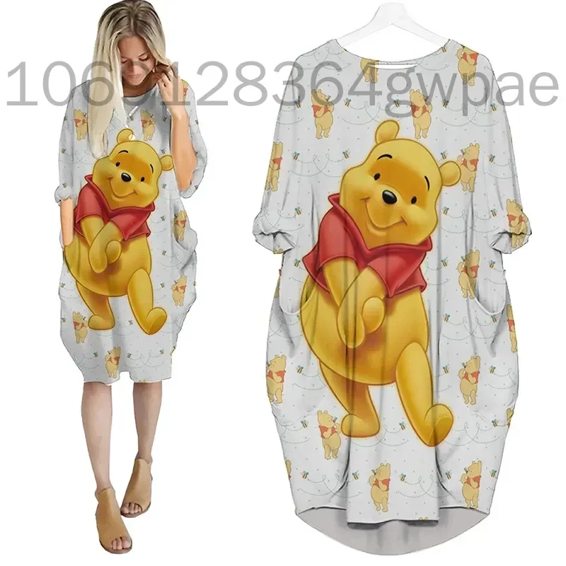 

Winnie the Pooh Home Long Sleeve Dress Disney Eeyore Fashion Versatile Loose Batwing Pocket Over the Knee Womens Party Dress