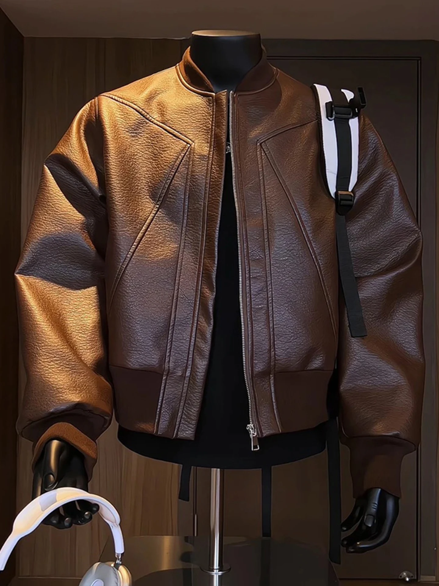 American Sle Retro Leather Jaet Men's ort Coffee Color Motorcycle Jaet Boxy Version Baseball orm Casual Outerwear