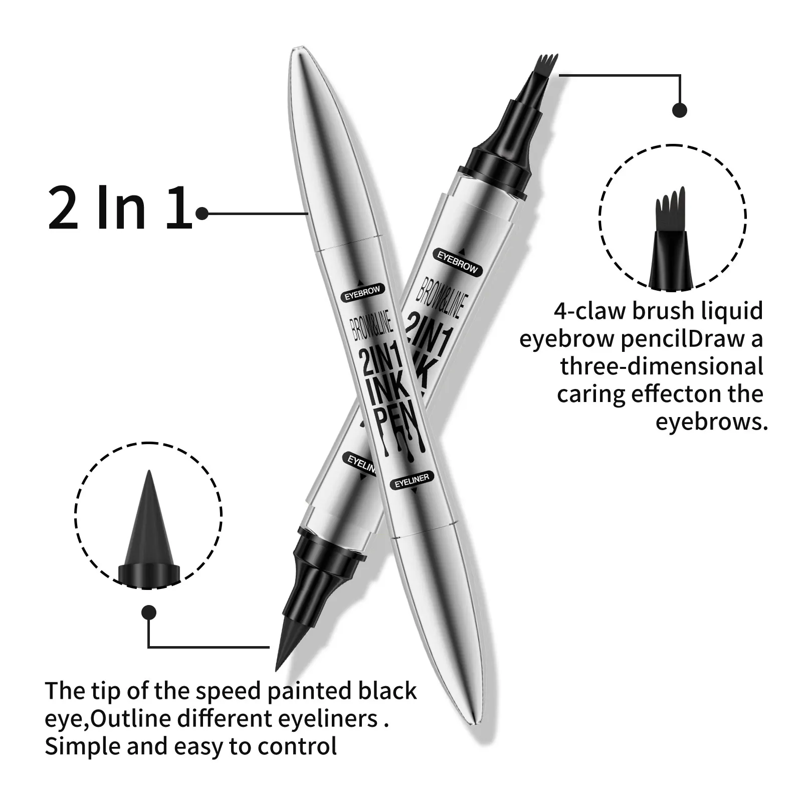 防水の両端液体アイブロウペンシル。湾曲した先端とフォーク型の端が特徴で、長持ちする鮮やかな色と立体的な眉を実現します。