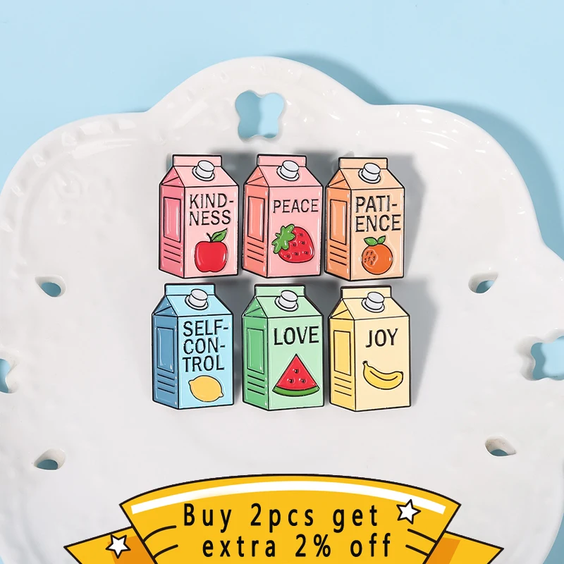 Apple Lemon Banana Juice Box Enamel Pins Love Peace Patience Kind Ness Drinks Drink Box Brooch Lapel Badge Jewerly Gifts For Kid