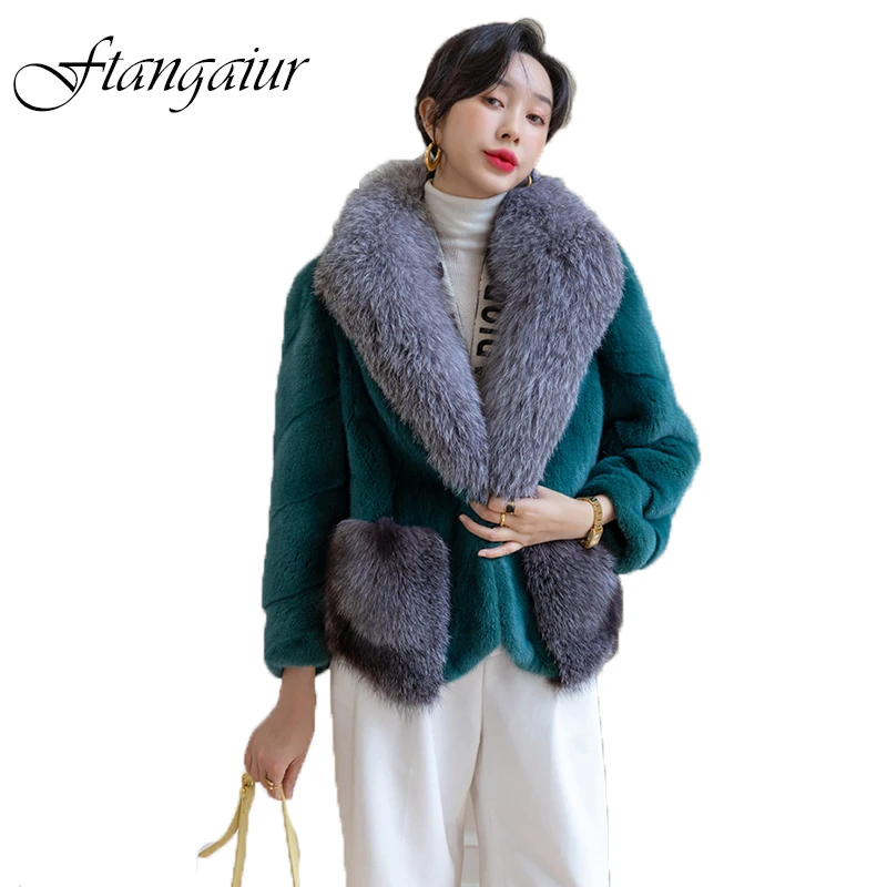 

Ftangaiur Winter Import Purple Standard Velvet Mink Fur Coat Women With Fox Fur Collar Pockets Loose Natural Real Mink Fur Coats