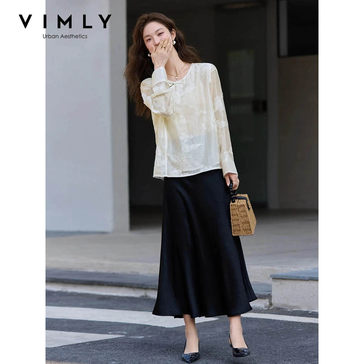 VIMLY Apricot New Chinese Embroidered Chiffon Blouse Women Autumn 2026 Round Neck Shirt Elegant Long Sleeve Tops Female A5137