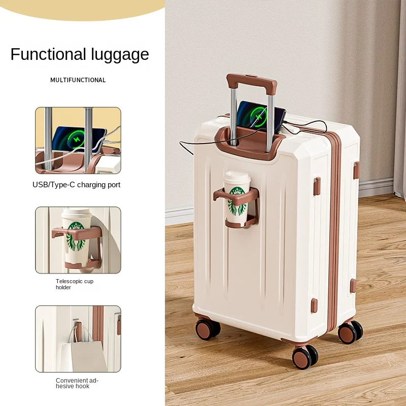 New Luggage USB Type-C dual Interface Water Cup Holder Retro Durable 22‘’‘24’‘’26‘’\'28 Trolley Case 20 Inch Boarding Suitcase