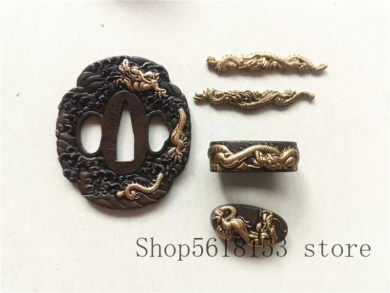 Hige Rare 3D painting Copper Japanese  tsuba and fuchi menuki Dragan pattern for sword katana