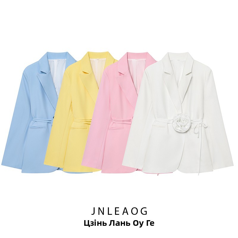  JNLEAOG Autumn New Women's Floral Design Suit Jacket Belted Casual Polyester Fiber Long Sleeve Flat Collar Fashion Trend 