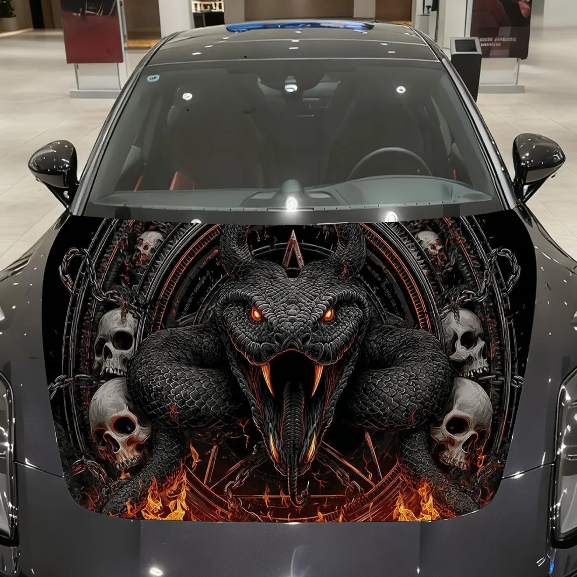 Dark Fire Snake & Skull Car Vinyl Wrap, PVC Material Waterproof Car Hood Sticker, Self-Adhesive Scratch-Resistant Stickers for E