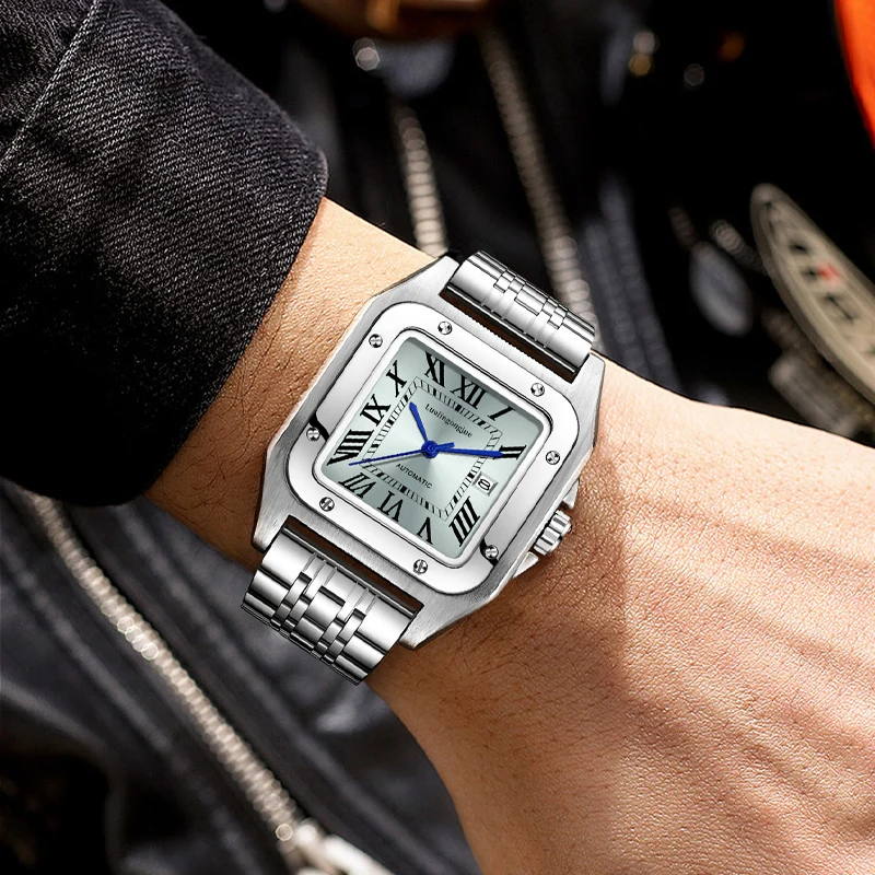 Santos Tank-Serie, quadratische automatische mechanische Uhr, Herrenuhr, Skelett-Schmetterlingsverschluss, modisch, Business-Casual, vielseitig, hübsche Herrenuhr, Valentinstagsgeschenk für Freund, Top-Auswahl für Geschenke