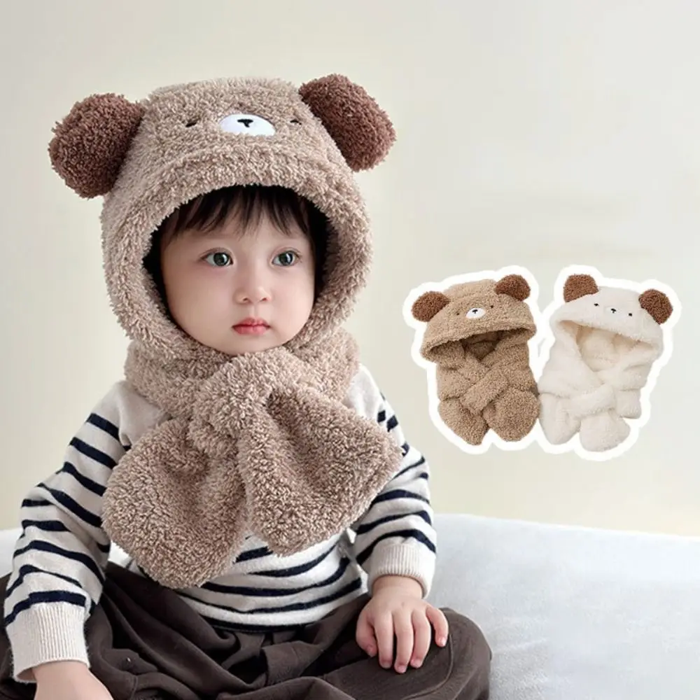 Cute Cartoon Bear Winter Baby Hat Scarf Windproof Thick Warm Kids Hat Hooded Scarf Plush Ear Protection One-Piece Beanies Cap