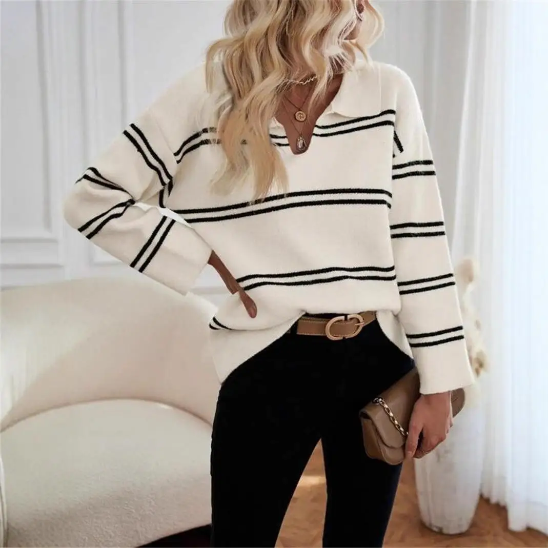 

Women's Striped Collar Long Sleeve Pullover Sweater Comfortable Regular Fit Medium Thickness Winter Fashion Casual Wear