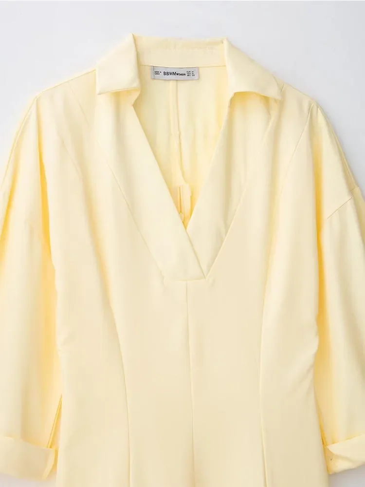 2025 Estate Nuove donne Camicie Abito Moda Casual Scollo a V Manica 3/4 Solido Femminile Elegante Strada MIDI Abiti Abbigliamento