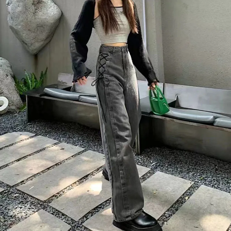 Korean Gothic Denim Trousers Female Harajuku High Waist Lace-Up Design Straight Jeans Women Y2K Chic Black Gray Wide Leg Pants