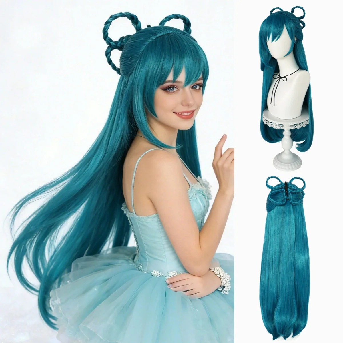Türkisblaue Synthetische Cosplay-Perücke mit Doppel-Dutt-Ring, Langes Glattes Haar für Anime-Halloween-Party, Hitzebeständige Perücke für Frauen