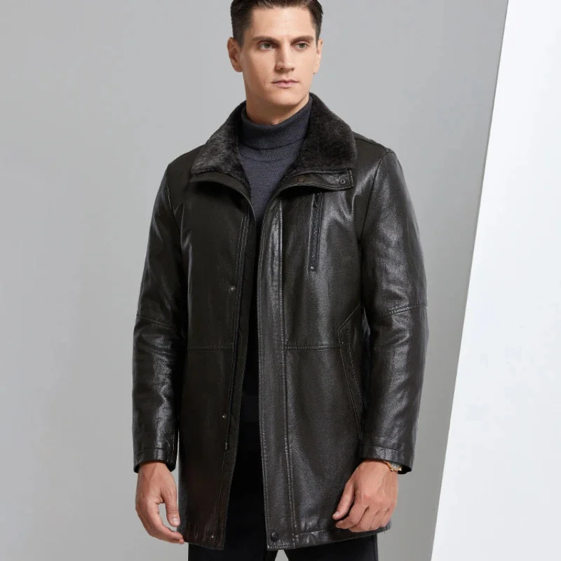 

New 2024 Men Winter Faux Berber Fleece Leather Clothing High-end Mid-length Overcoat Brushed Warm Jacket Leisure Loose Outwear