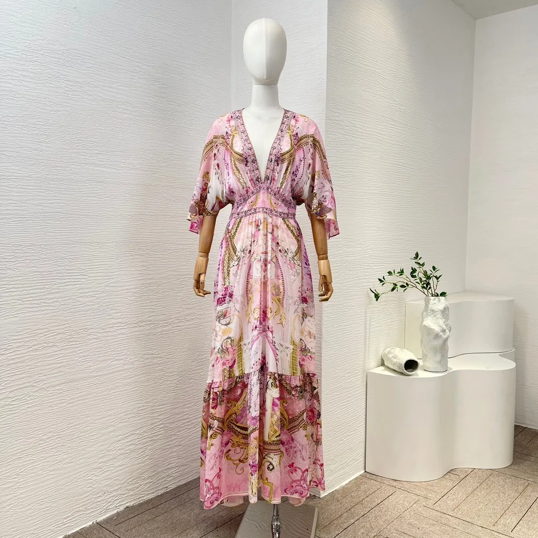 

2024 Spring Floral Print V-Neck Pink Half Sleeve Diamonds Maxi Dress