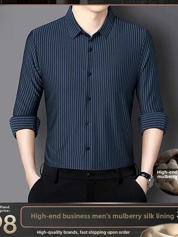 

Pierre Cardin Luxury Busin Men's Silk No-iron Long Sve Casual irt High Elastici Stripe Pattern round Ne Knitted Top