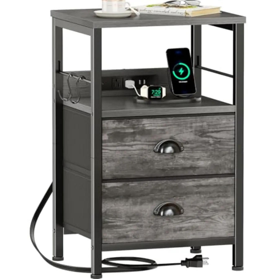 

Nightstand with Charging Station Night Stand with 2 Fabric Drawers Side Table with USB Ports End Table with Storage Shelf for L