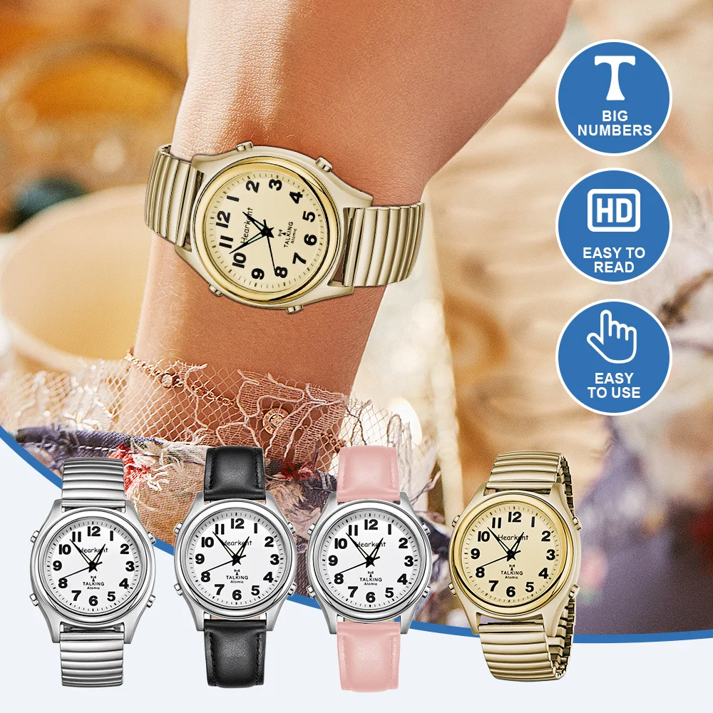 Hearkent English Talking Watch Damskie zegarki kwarcowe na rękę Moda Cyfrowy prosty zegarek Chime Alarm dla niewidomych i niedowidzących