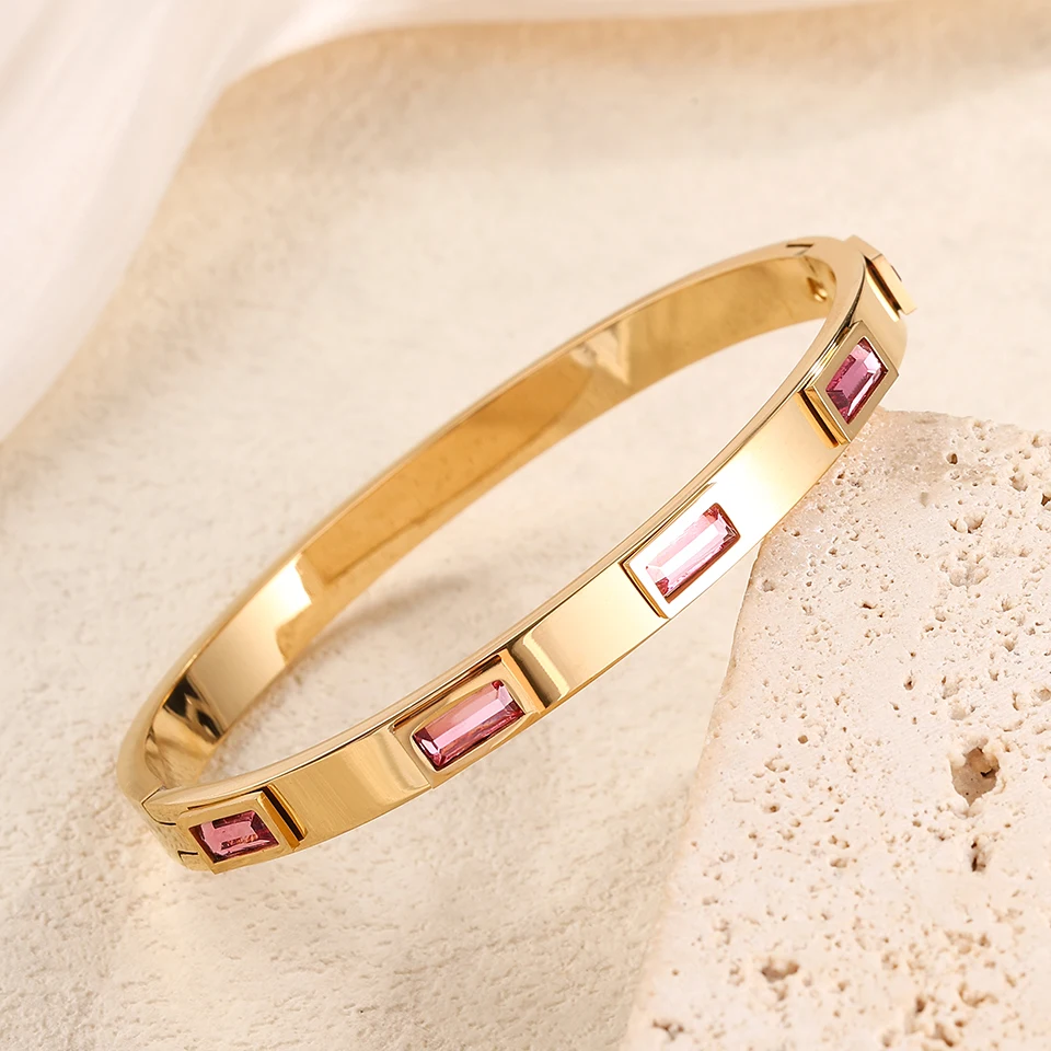 Yupsk 2-teiliges Set Weiß/Rosa/Grün Geometrisches Quadrat Zirkon Edelstahl Armband-Set für Damen Modisches Trendiges Accessoire Geschenk – Detail 12