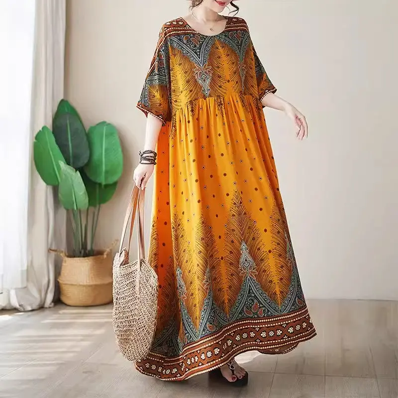 Summer Cotton Linen Round Neck Short Sleeve Positioning Flower Simple Bohemian Long Dress Women Soft Comfortable Clothing K811