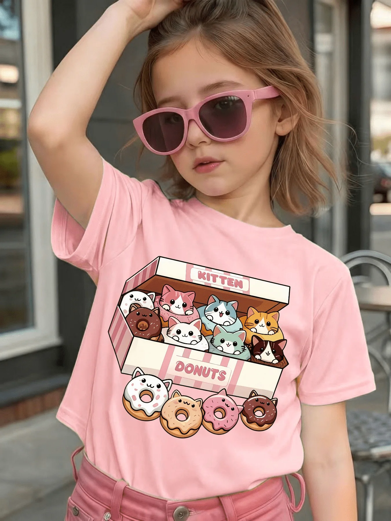 Kitten Donut Box Cartoon Print Kids T Shirt Cotton Short Sleeve Boys Girls Parent Child Matching Lovely Summer Casual Daily Tees