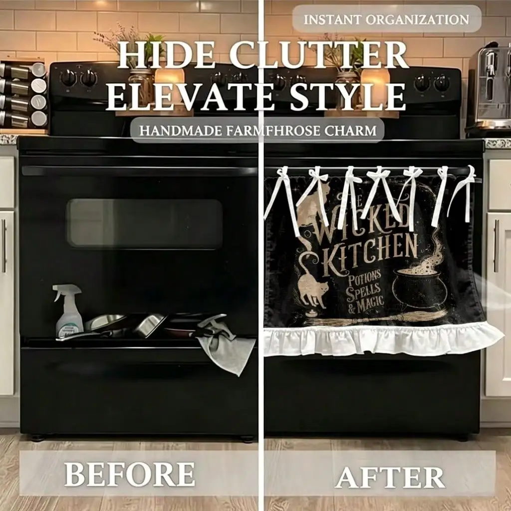 2D Flat - 1pc Halloween Kitchen Stove Oven Valance, 2D Printed The Wicked Kitchen Magic Print Also Spooky Kitchen Decoration Curtain for Dishwasher Microwaves Cabinet Kitchen Sink, Makes a Great Addition to Your Halloween Themed Home, Festive Gift