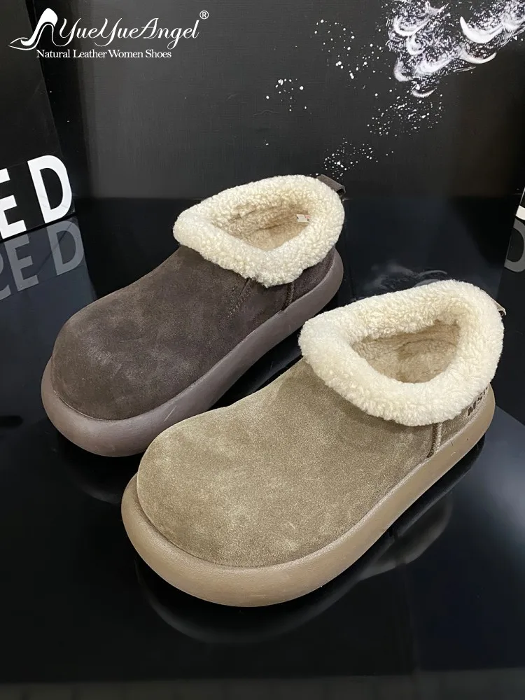 Winter Women Comfortable Round Toe Slip On Warm Fleece Lining Shoes Cow Suede Leather Platform Low Heels Pumps Vintage Loafers