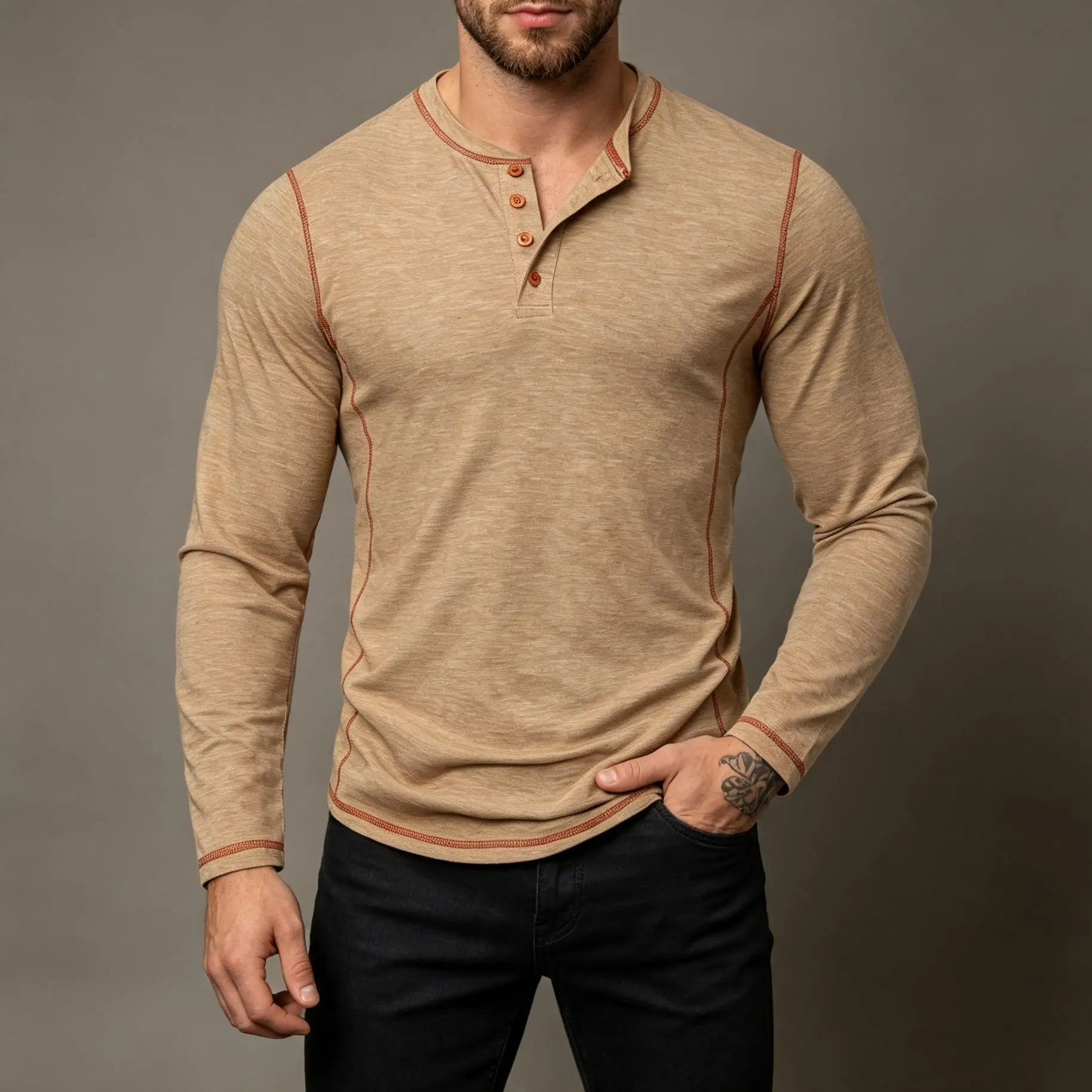 New Spring and Autumn Men's Button Henley Long-Sleeve Running Sports Casual Solid Color Fashion T-Shirt Textured Base Shirt