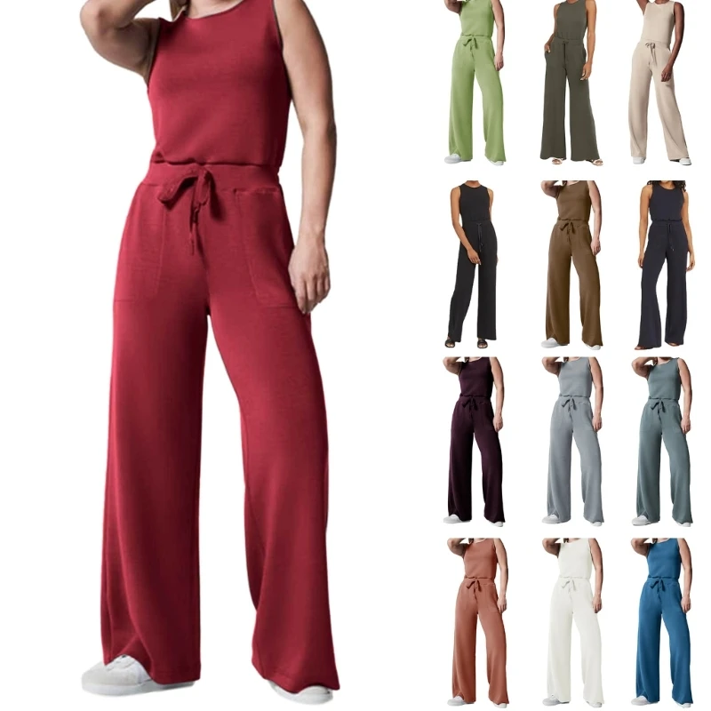 

Женские комбинезоны с круглым вырезом без рукавов Rompers Casual Wide Leg Loose Fit Pieces Rompers с карманами