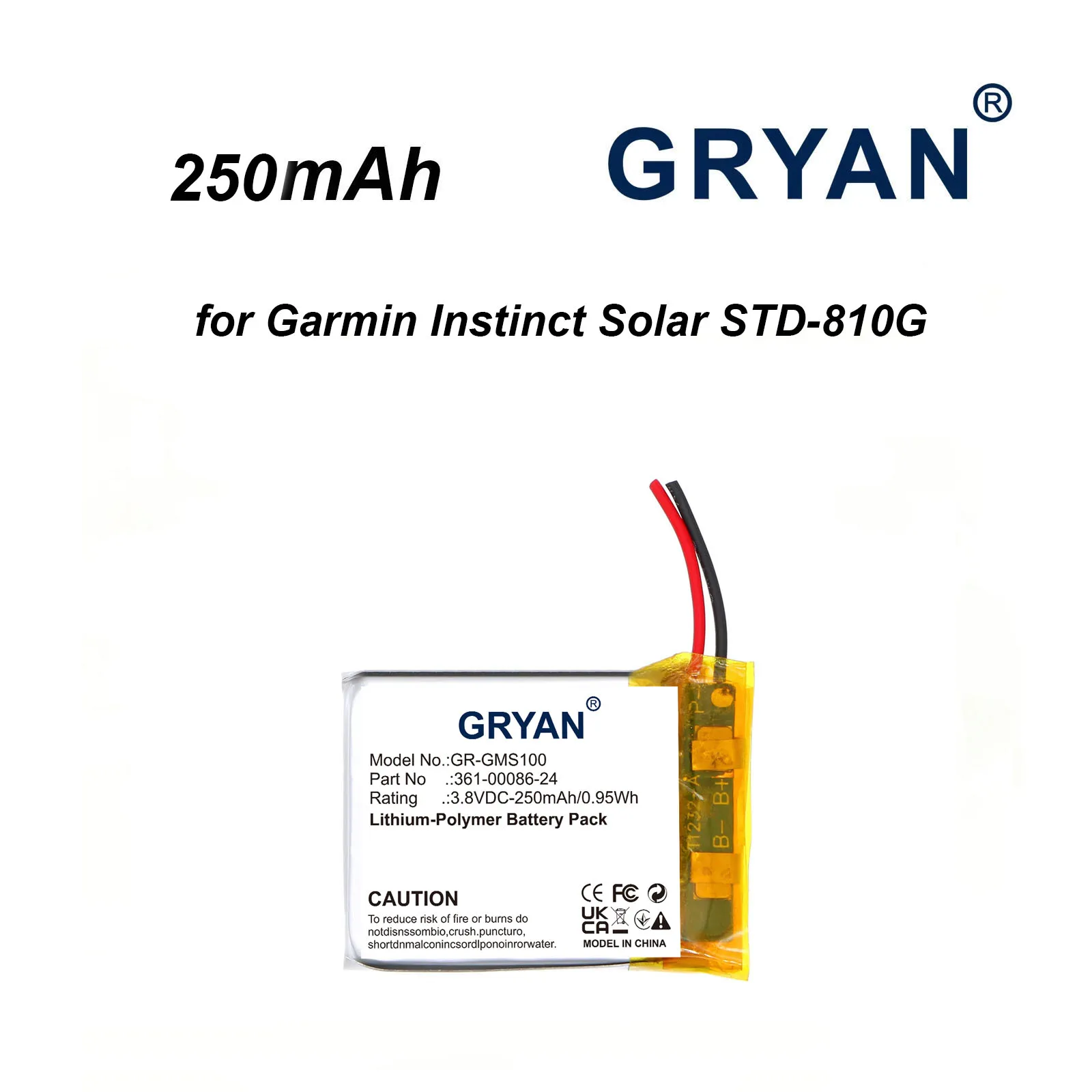 GRYAN 250mAh Smartwatch Battery 361-00086-24 for Garmin Instinct Solar STD-810G