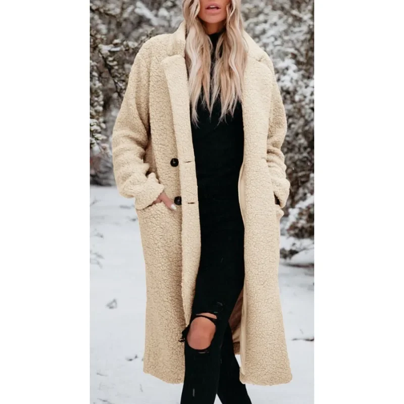 

Winter Women Plush Long Coat Elegant Fashion Warm Thick Fleece Long Sleeve Single Breasted Pocket Cardigan Jacket Outwear