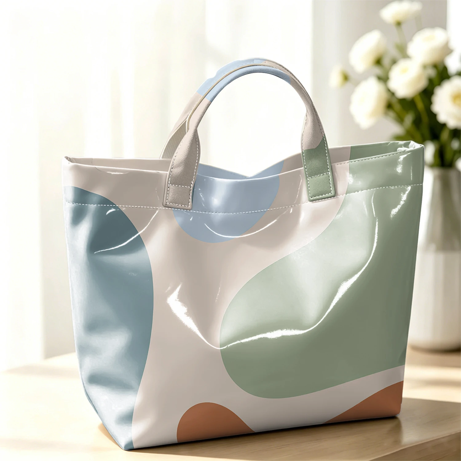 Pastel Geometric Block Fashion Large Glossy PVC Tote Bag Hand Washable Waterproof Travel Commute Cosmetic Storage Shopper