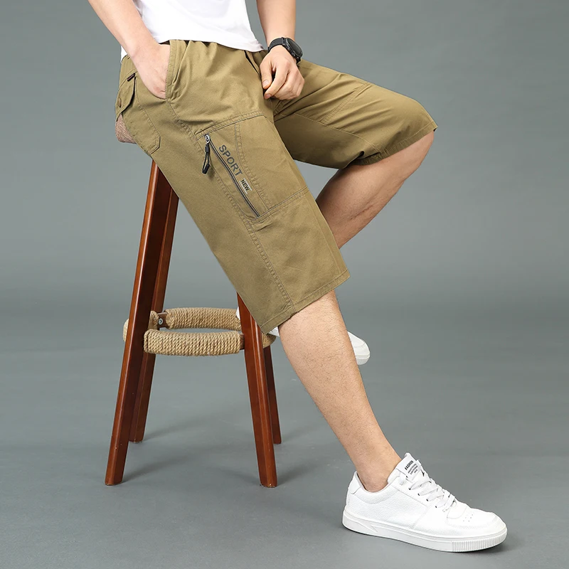 Summer Beach Casual Shorts Men\'s Clothing Solid Color Youthful Vitality Safari Style Pockets Daily Mid Waist Elastic Knee Pants