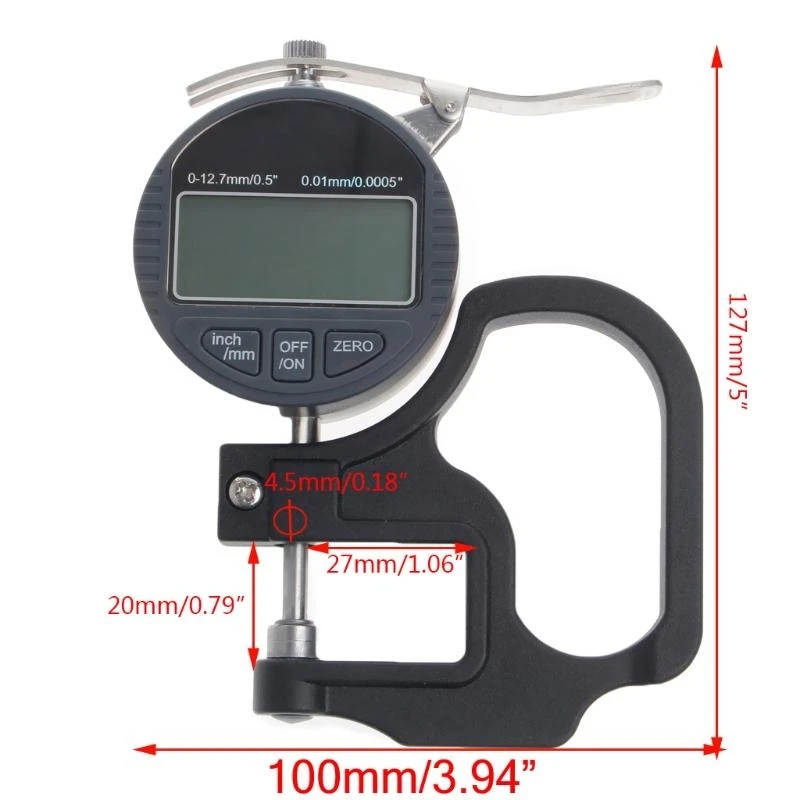 0-12,7 mm elektronische micrometer digitale diktemeter meter 0,01 mm dieptetester, 0,01 mm precisie diktemeter dieptetester