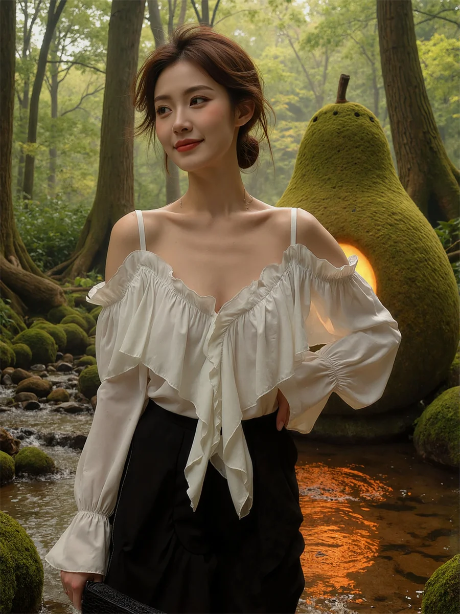 بلوزات كبيرة الحجم للسيدات بلون سادة سترة قطنية بيضاء ملابس خارجية أنيقة بدون أكمام دانتيل موضة كورية قصيرة للخريف #3