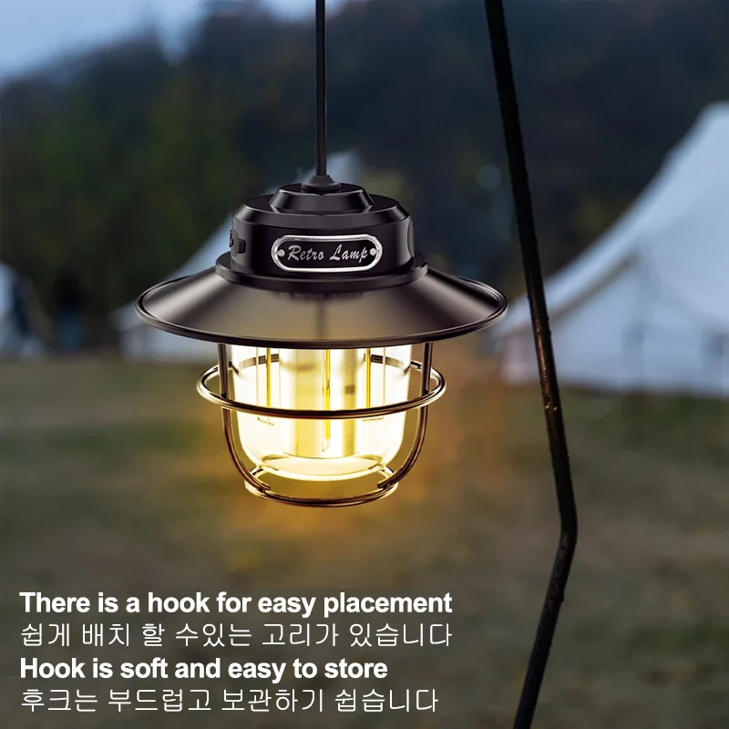 Portátil Camping Lâmpada LED, Retro Hanging Tent Lamp, Stepless Dimming, impermeável, recarregável, luz de emergência, 1200mAh