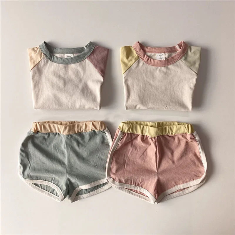 

2026 Summer New Children Short Sleeve Clothes Set Boys Girls Simple Patchwork T Shirts + Shorts 2pcs Suit Kids Cotton Outfits