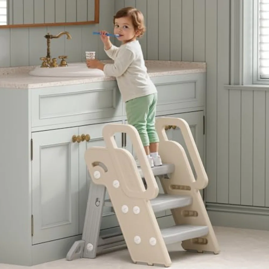 

Foldable for Bathroom Sink - Adjustable Toilet Trainer and Anti-Tip Guard - Kitchen Learning Stool with Safety Rail, Bookshelf
