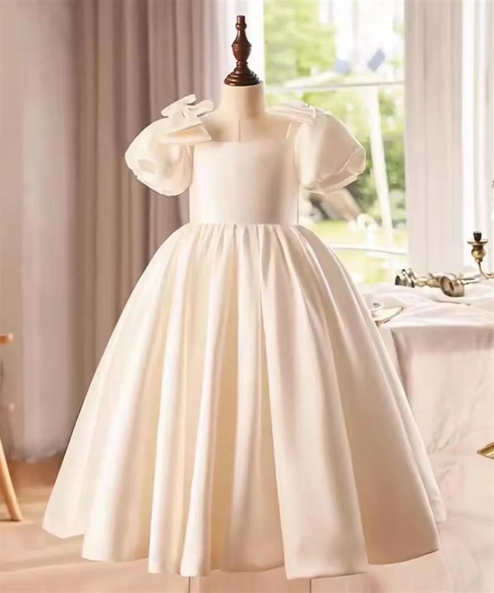 

Elegant Arabic White Flower Girl Dress Satin Princess Kids Wedding Birthday Party Prom Gown Holy Communion