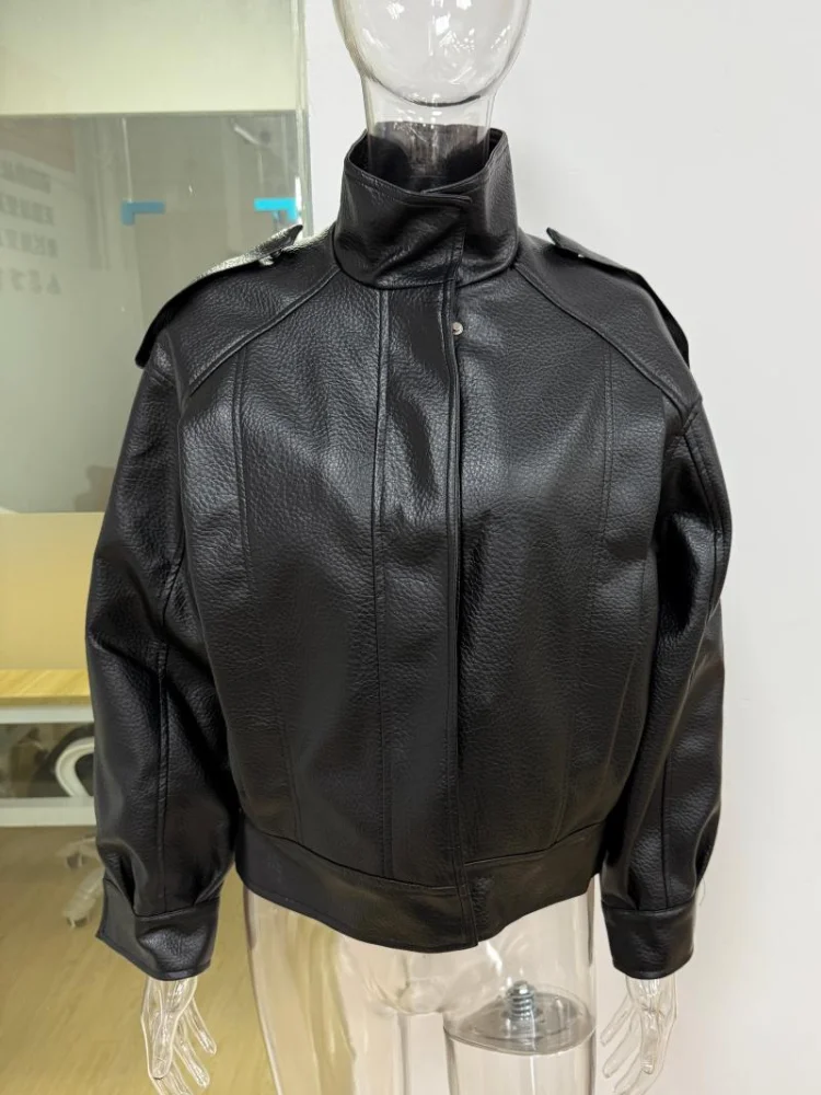 Moda jaqueta de motocicleta moda couro feminino casaco curto solto 2025 outono moda retro casual legal ousado clássico outerwear