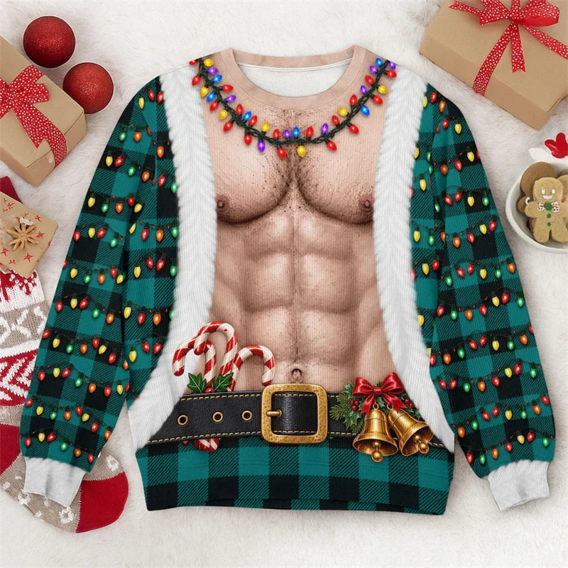 Lustiges Weihnachtsshirt mit Muskel-Weihnachtsmann-Motiv, 3D-Druck, hässlicher Pullover, Rundhalsausschnitt, lange Ärmel, Festtagskostüm, Herren- und Damen-Geschenk. – Detail 5