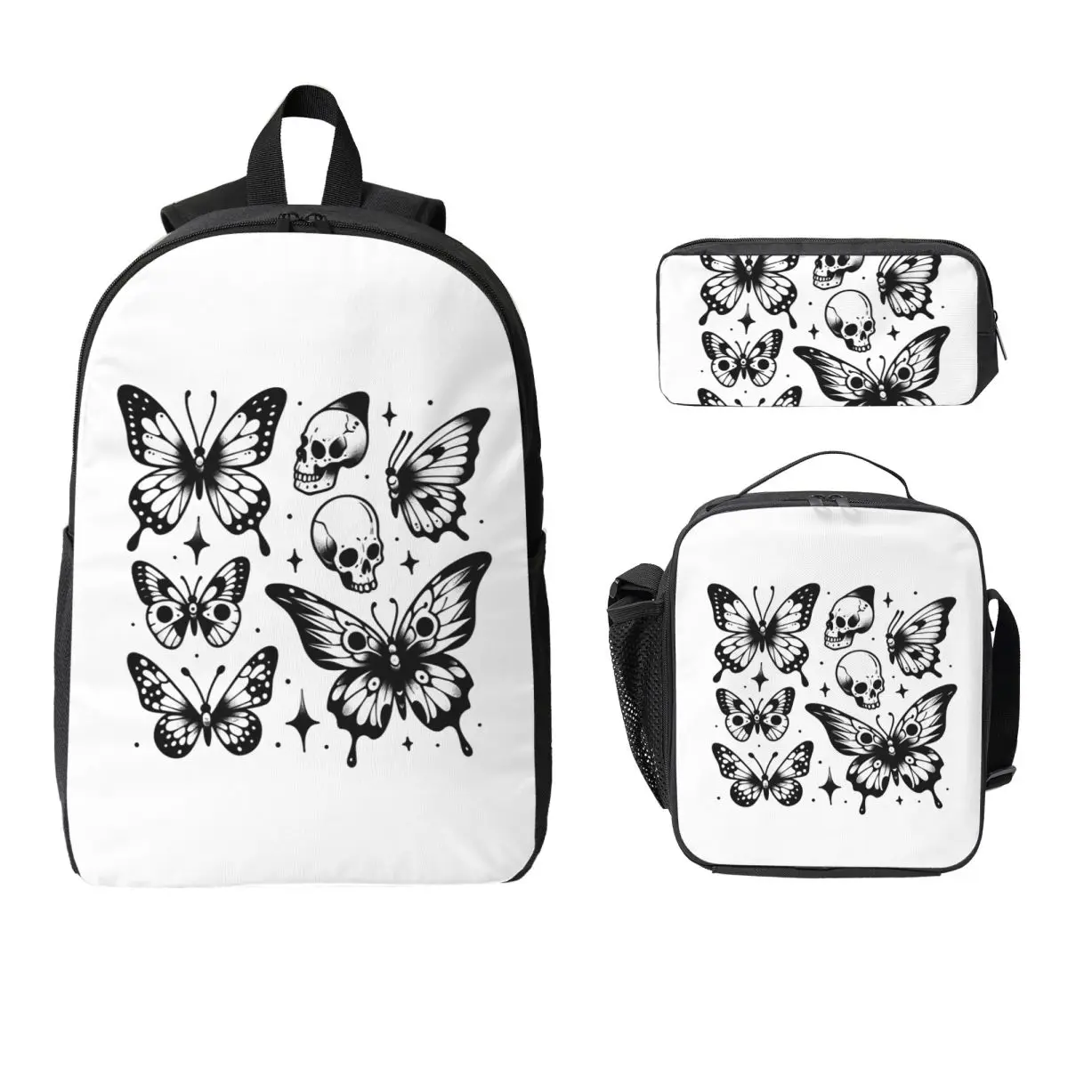 

American Traditional Butterfly Tattoo Flash Pattern Backpack Boys Girls BookBag School Bag 3ps Insulated Lunch Bag Pencil Case