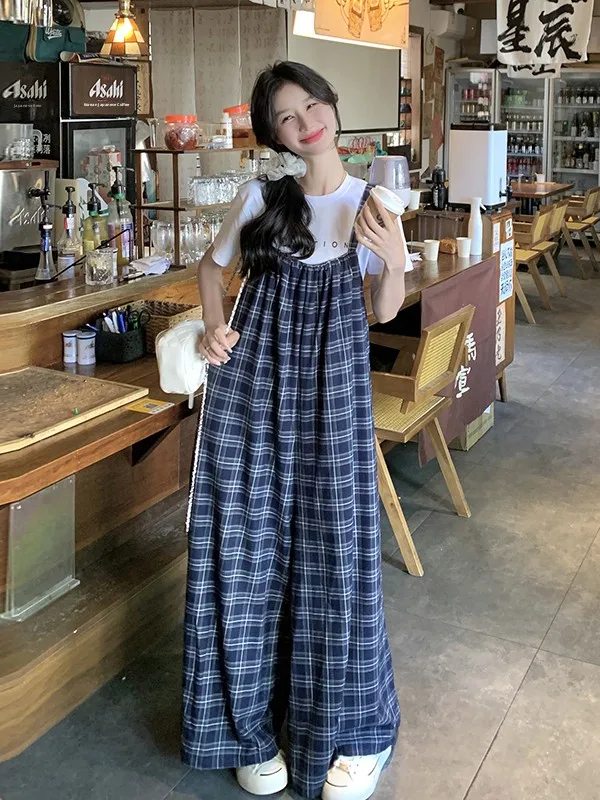 

Ретро-комбинезон в клетку для женщин: модные летние брюки с высокой талией, прямые широкие штанины, в корейском стиле, повседневные